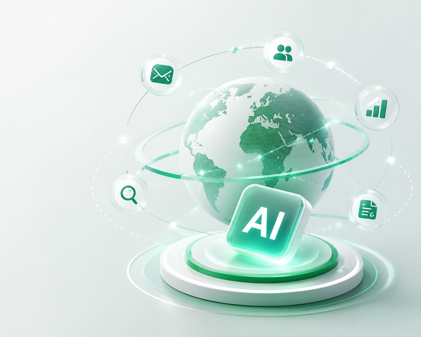 AI 连接海外市场、客户开发、邮件触达和内容增长的全球网络示意